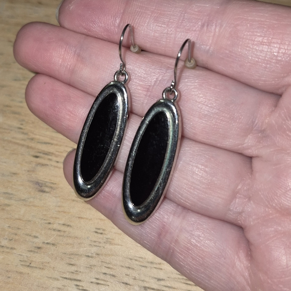 Silver Tone Black Dangle Earrings